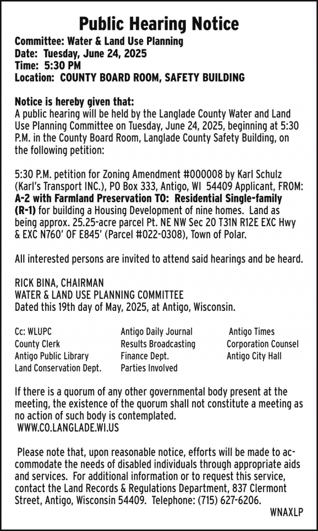 Public Hearing Notice, Langlade County