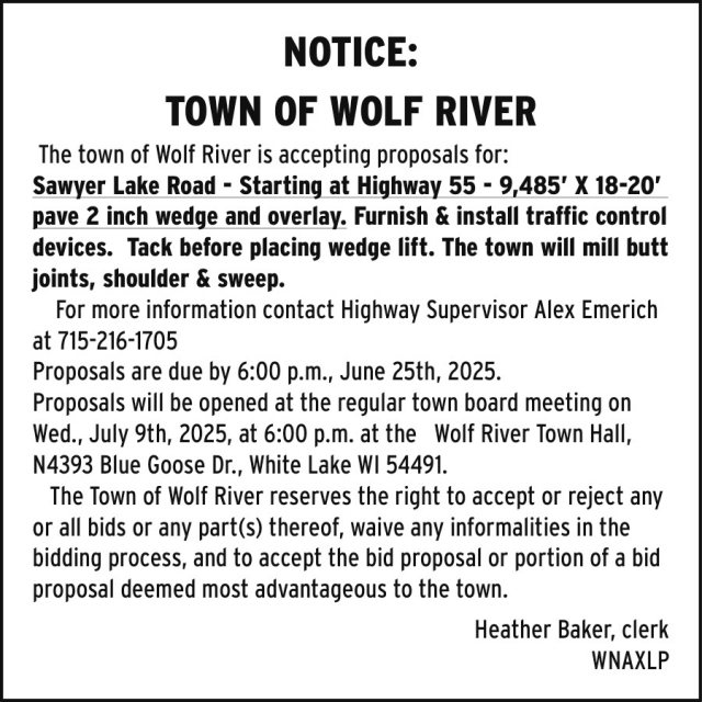 Notice, Town of Wolf River, White Lake, WI