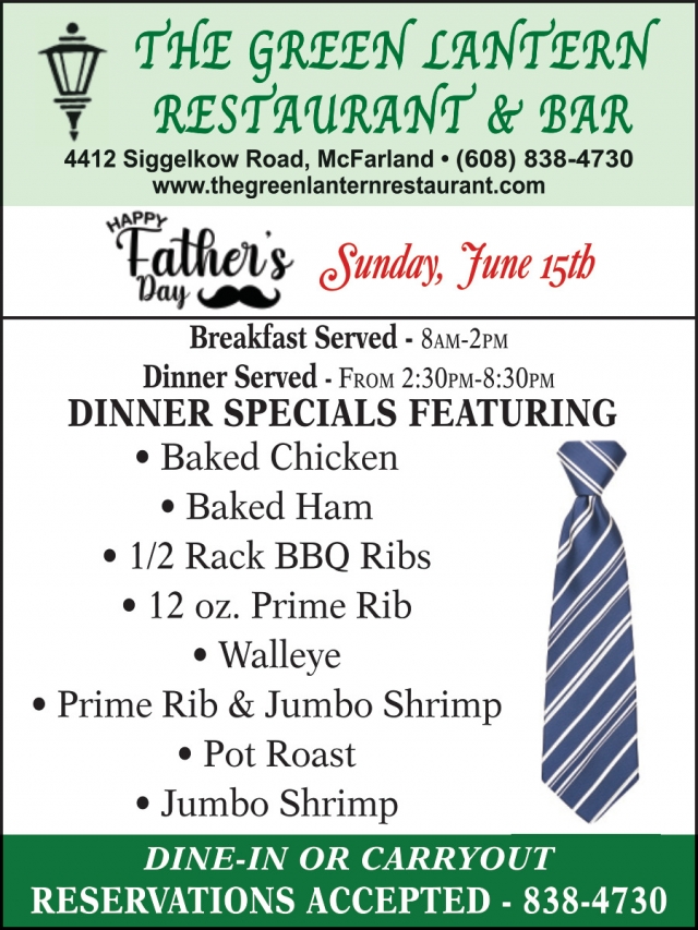 Dinner Specials, The Green Lantern Restaurant, Mcfarland, WI