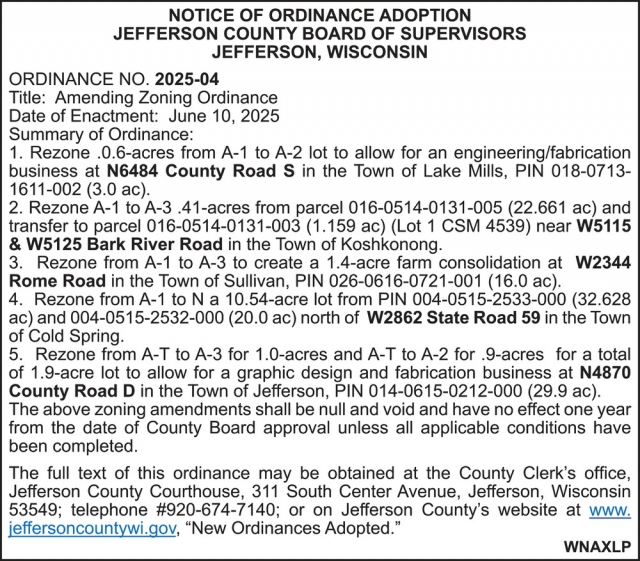 Notice of Ordinance Adoption, Jefferson County, Jefferson, WI