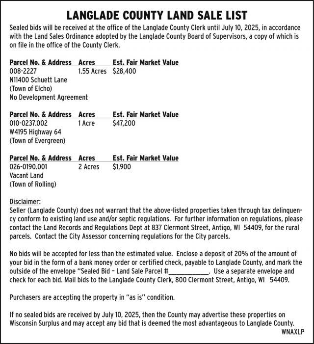 Land Sale List, Langlade County
