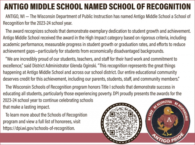 Antigo Middle School Named School of Recognition, Wisconsin Department of Public Instruction