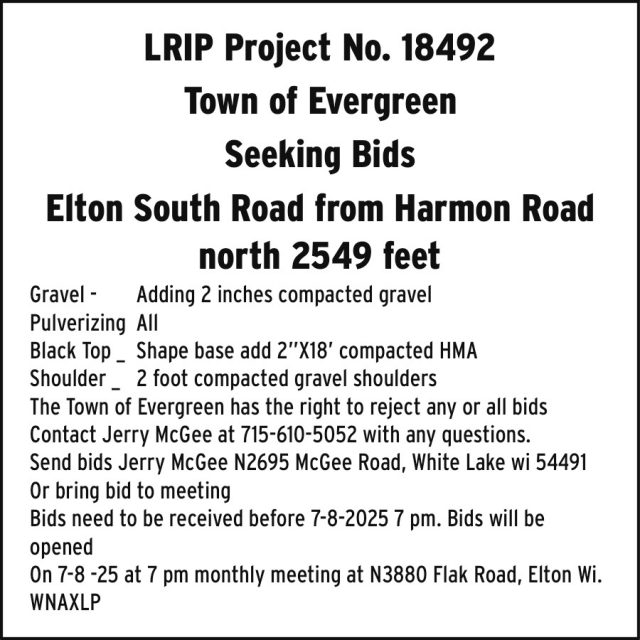 Seeking Bids, Town of Evergreen, White Lake, WI