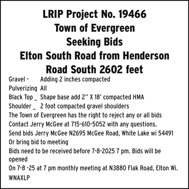 Seeking Bids, Town of Evergreen, White Lake, WI