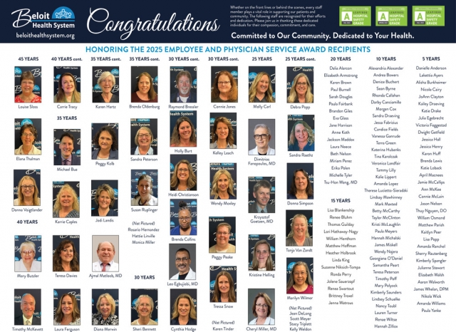 Honoring the 2025 Employee and Physician Service Award Recipients, Beloit Health System