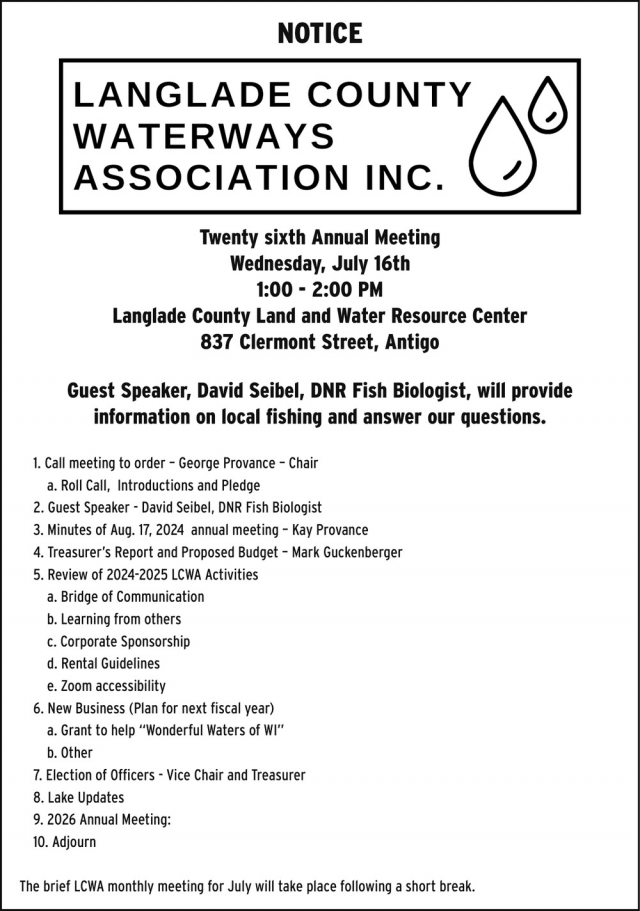 Notice, Langlade County Waterways Association Inc.