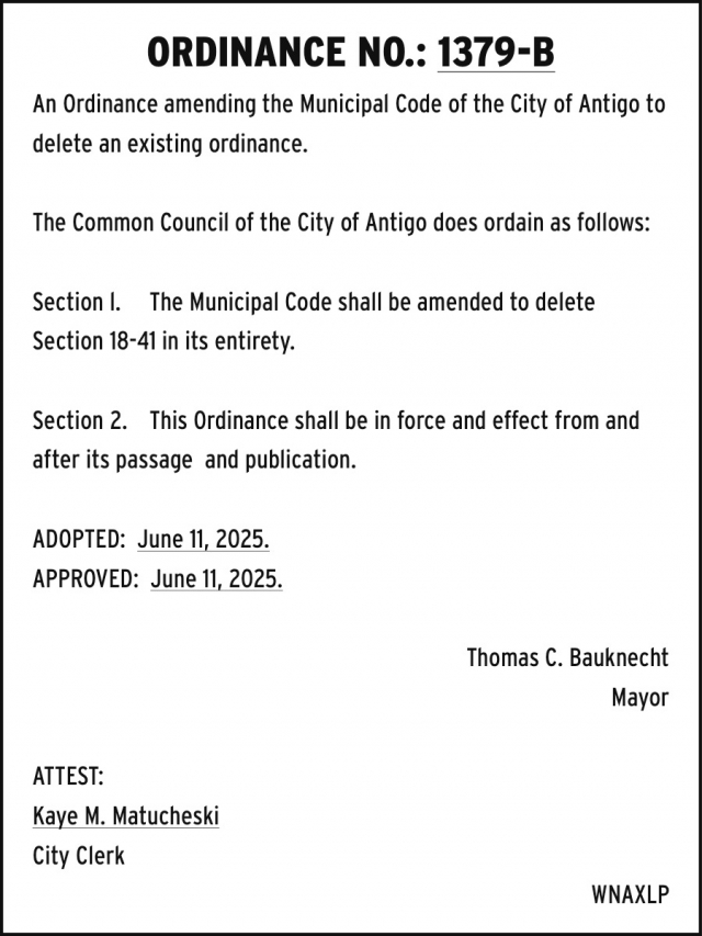 ordinance No: 1380-B, City of Antigo, Antigo, WI