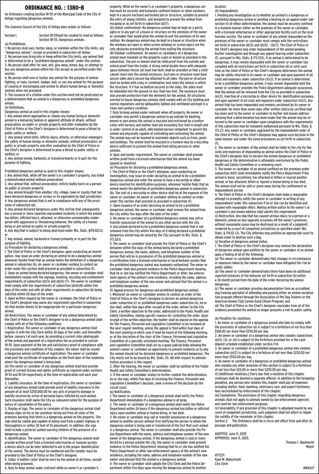 Ordinance No: 1360-B, City of Antigo, Antigo, WI