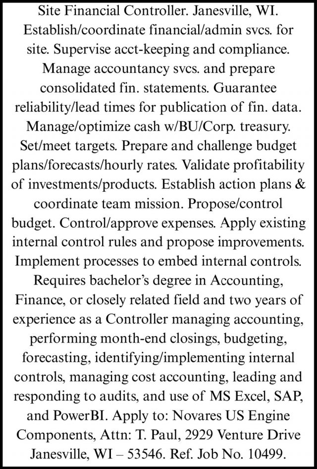 Site Financial Controller, Novares, Janesville, WI