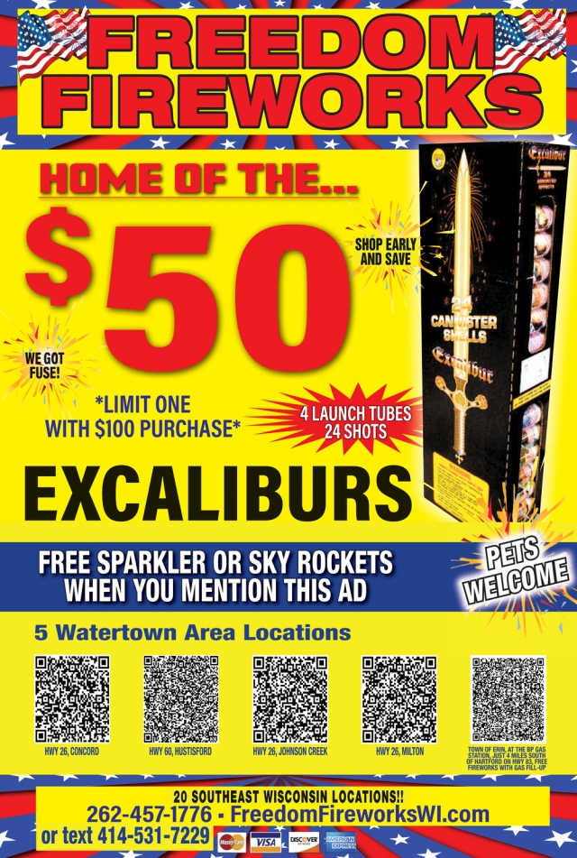 Free Sparkler or Sky Rockets when You Mention This Ad, Freedom Fireworks, Delavan, WI