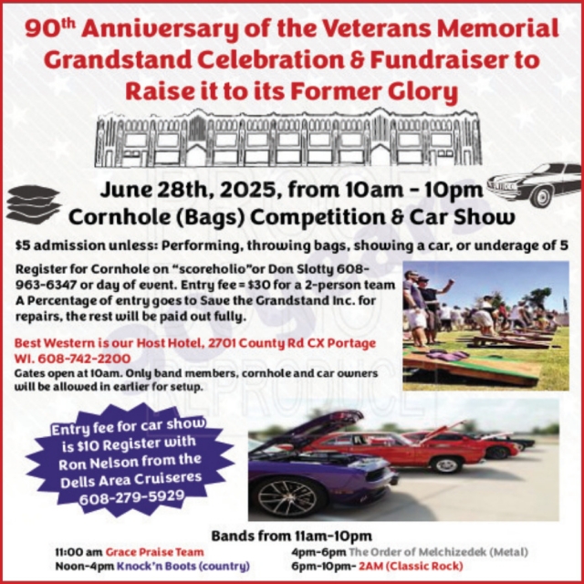 Cornhole (Bags) Competition & Car Show, 90th Anniversary of The Veterans Memorial Grandstand Celebration & Fundraiser (June 28, 2025)