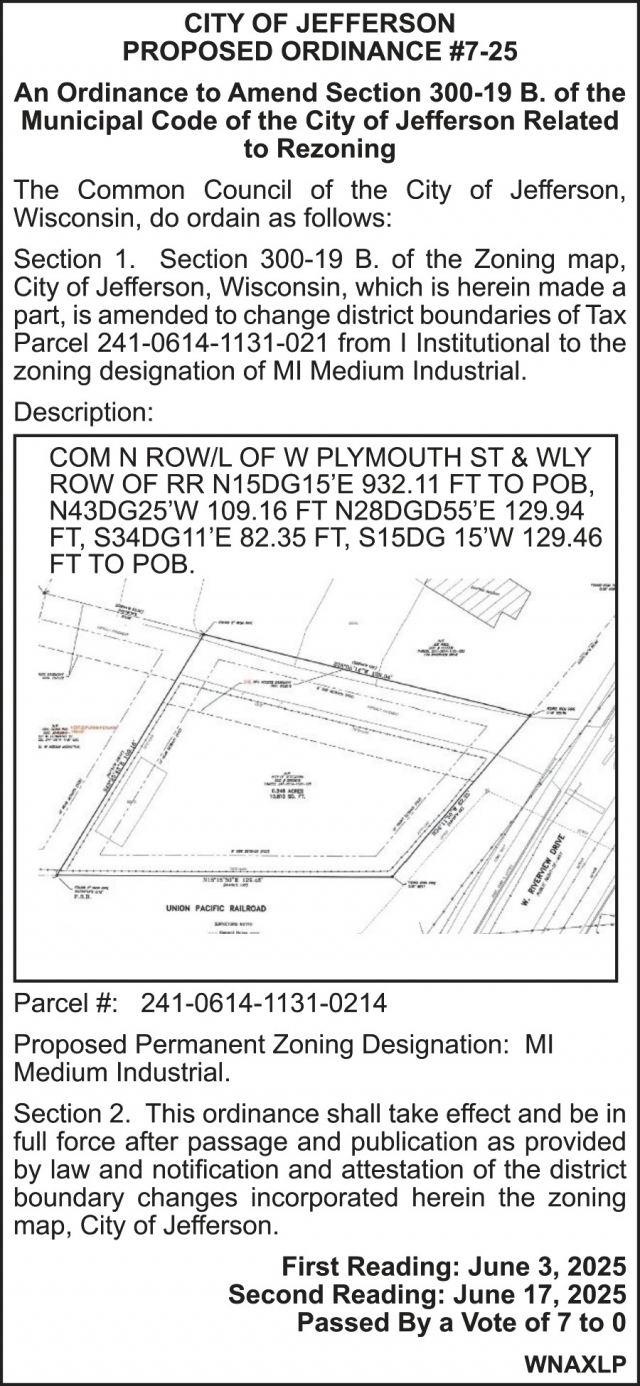 Proposed Ordinance #7-25, City Of Jefferson, Jefferson, WI
