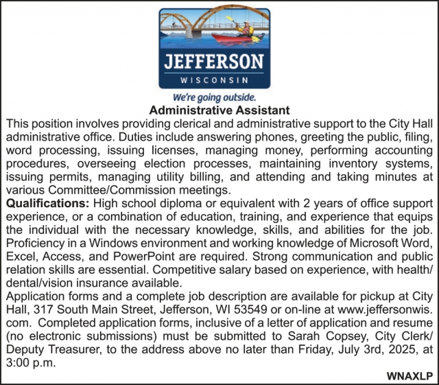 Administrative Assistant, City Of Jefferson, Jefferson, WI