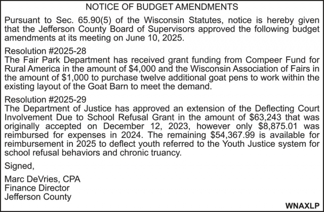 Notice of Budget Amendments, Jefferson County, Jefferson, WI