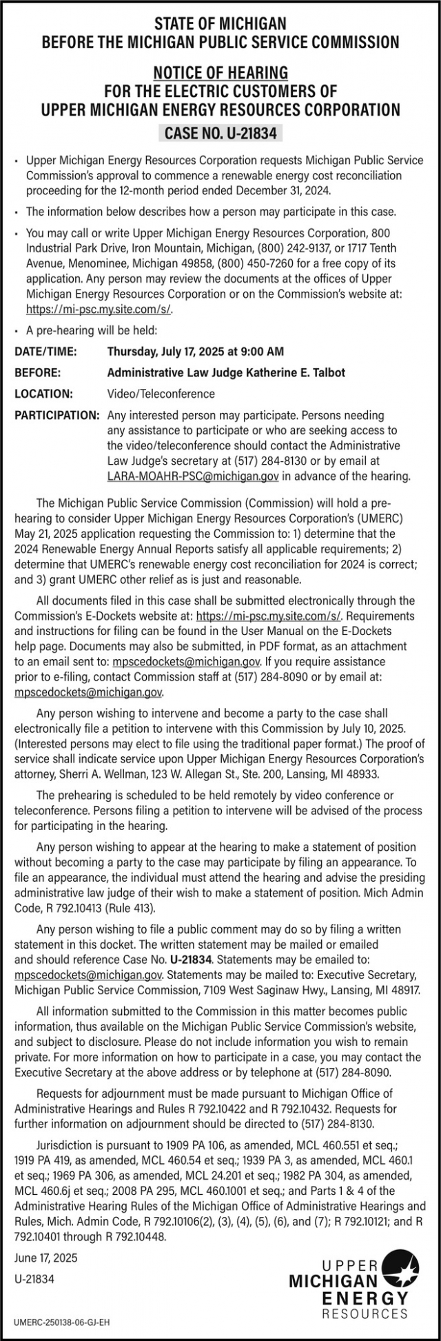 Notice of Hearing, Upper Michigan Energy Resources