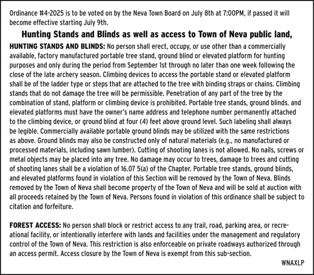 Ordinance #4-2025, Town of Neva, Deerbrook, WI