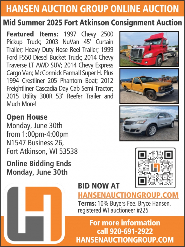 Online Auction, Hansen Auction Group, Downing, WI