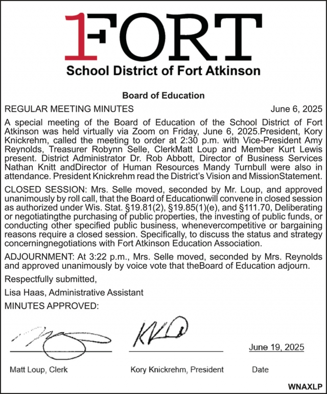 Regular Meeting Minutes, School District of Fort Atkinson, Fort Atkinson, WI