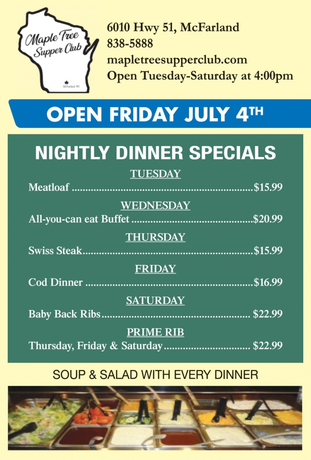 Nightly Dinner Specials, Maple Tree, Mcfarland, WI