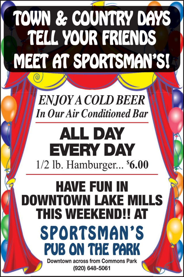 Enjoy Cold Beer in Our Air Conditioned Bar, Sportsman's Pub on the Park, Lake Mills, WI