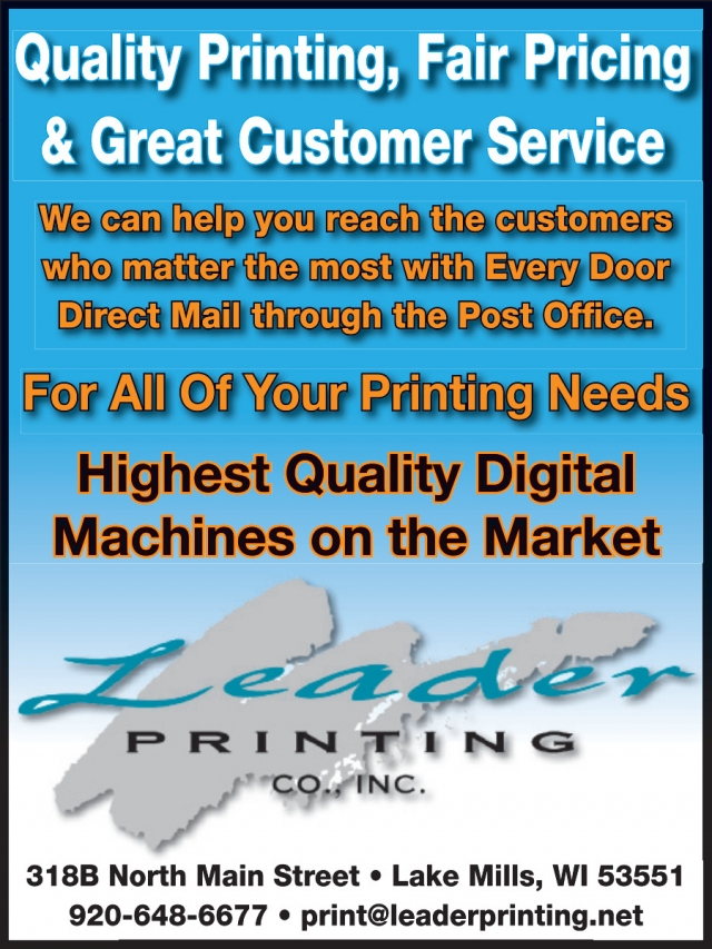 Quality Printing, Fair Pricing & Great Customer Service, Leader Printing, Lake Mills, WI