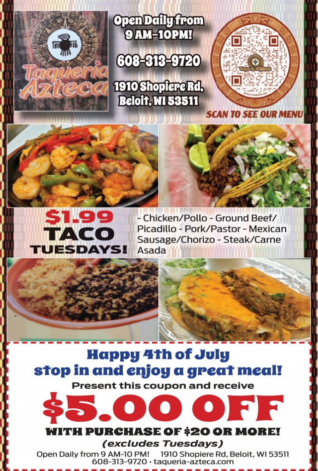 Stop in And Enjoy a Great Meal!, Taqueria Azteca, Beloit, WI