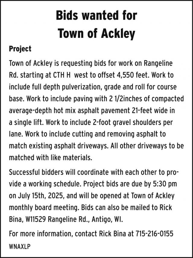 Bids Wanted, Town of Ackley
