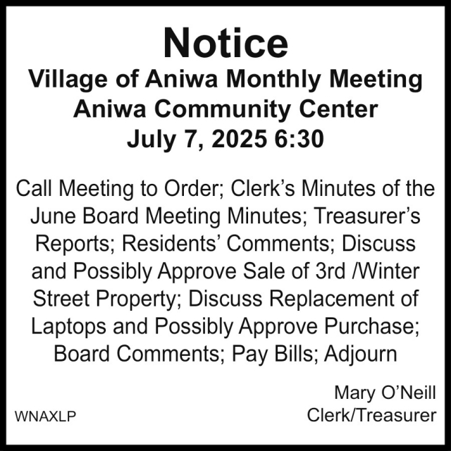 Notice, Village of Aniwa Monthly Meeting at Aniwa Community Center, Aniwa, WI