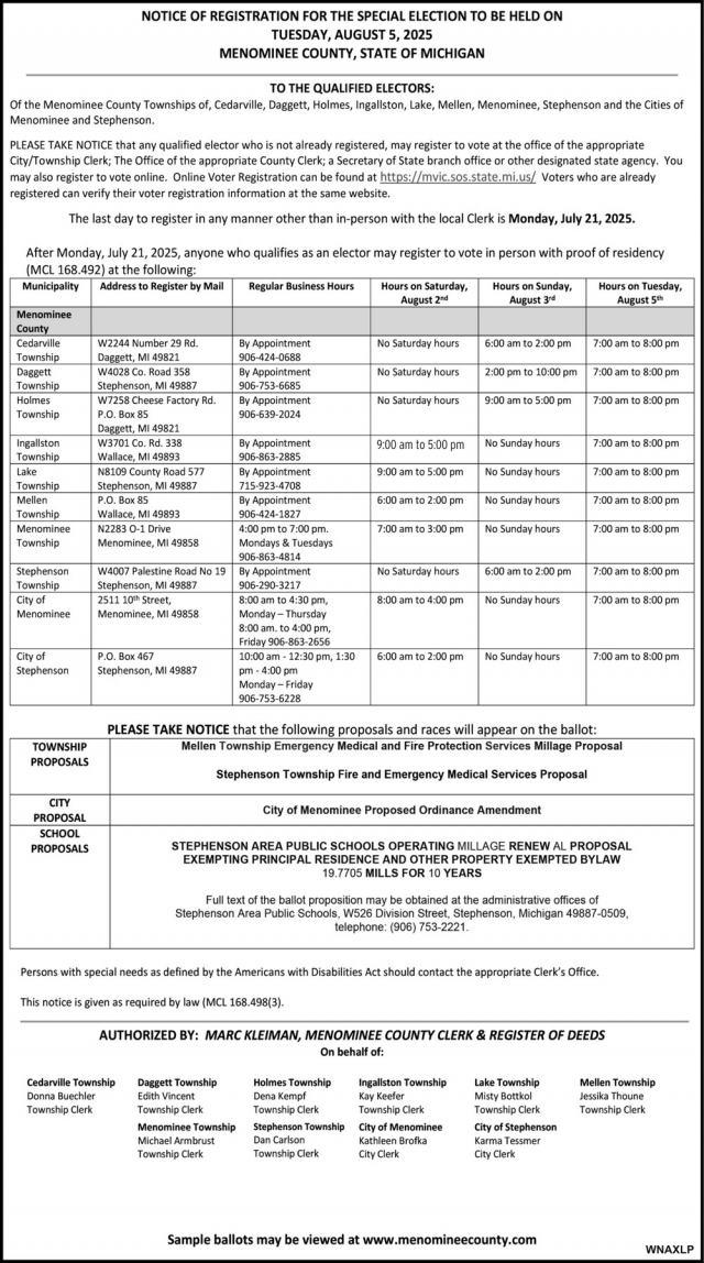 Notice, Menominee County