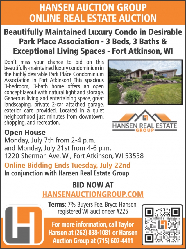 Online Real Estate Auction, Hansen Auction Group, Downing, WI