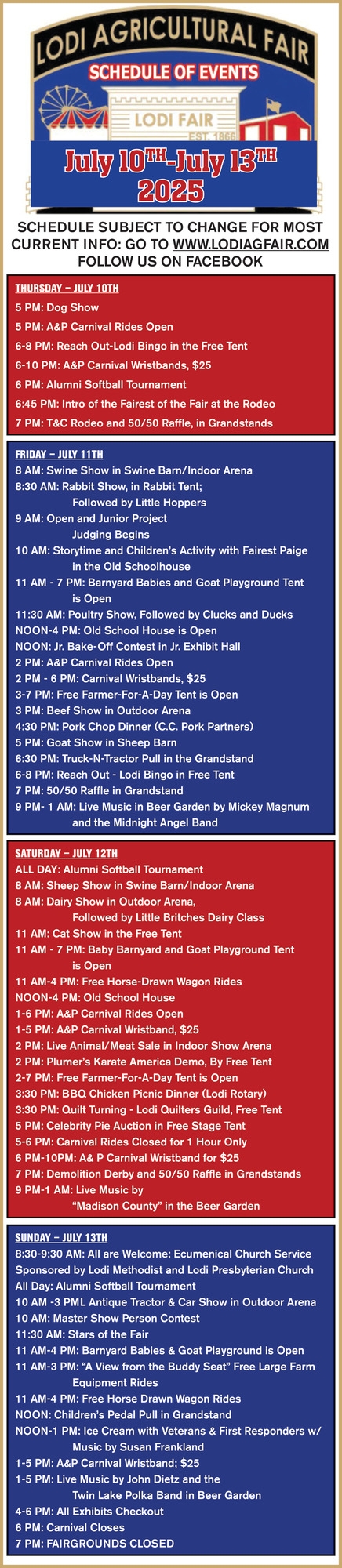 Schedule of Events, Lodi Agricultural Fair, Lodi, WI