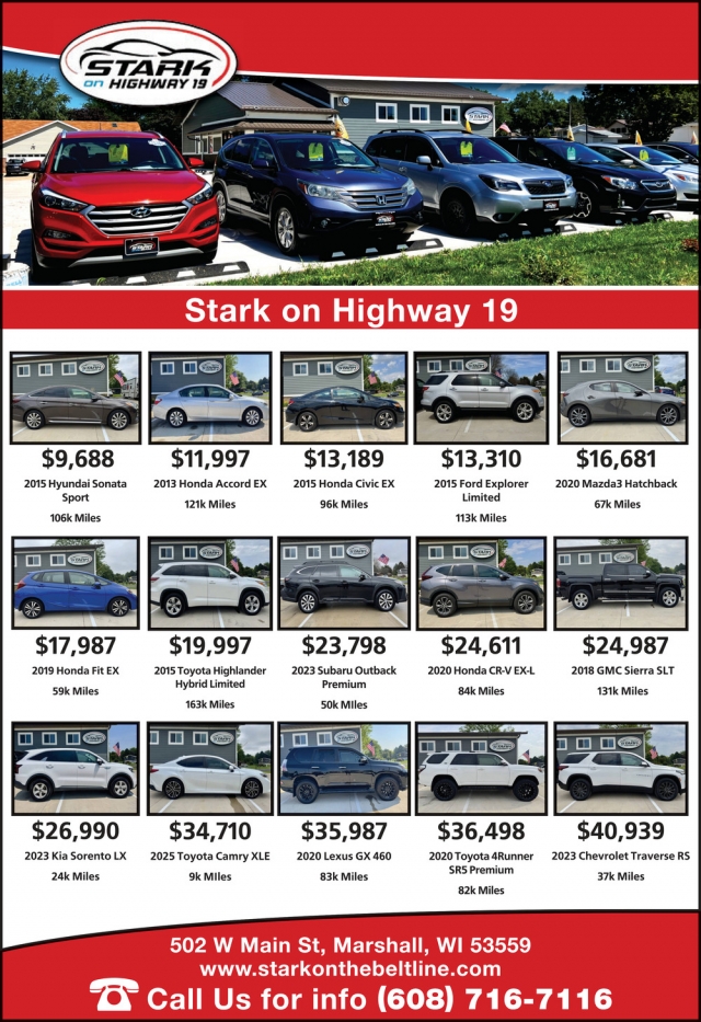 Cars for Sale, Stark on Highway 19, Marshall, WI