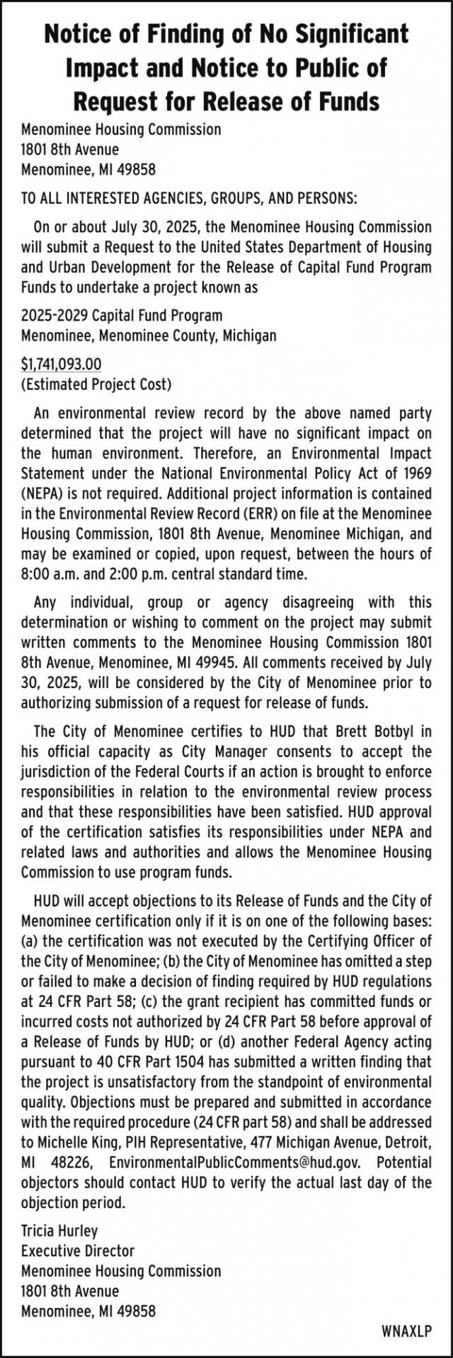 Notice, Menominee Housing Commission