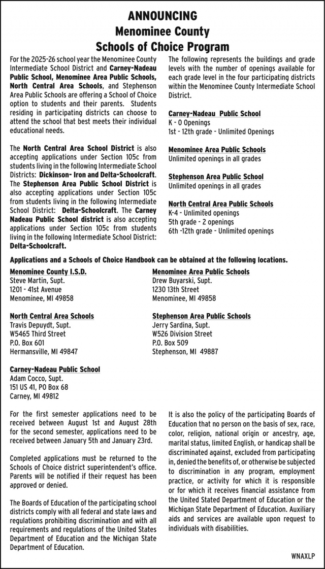Schools of Choice Program, Menominee County Intermediate School District, Menominee, MI