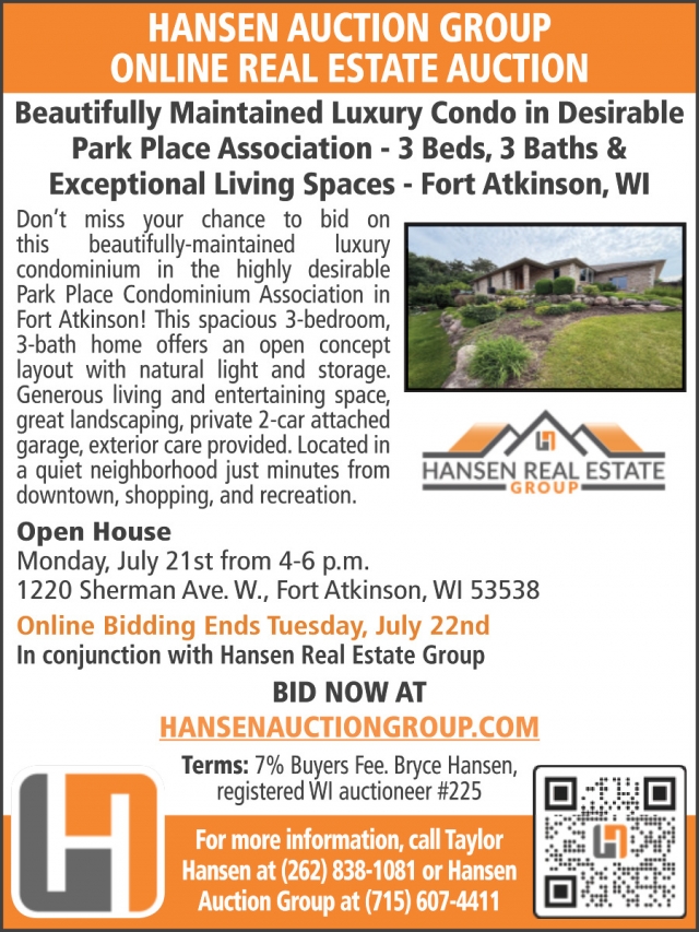 Online Real Estate Auction, Hansen Auction Group, Downing, WI