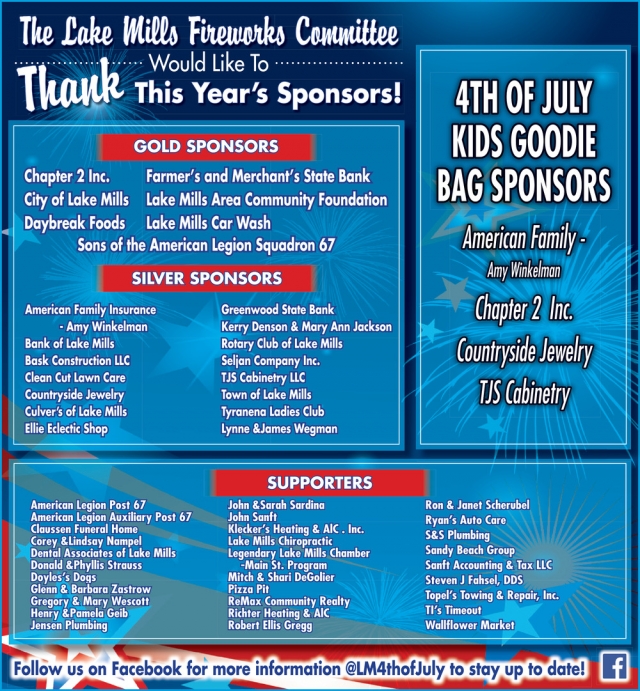 Thank This Year's Sponsors!, 4th of July Fireworks Display, Lake Mills, WI