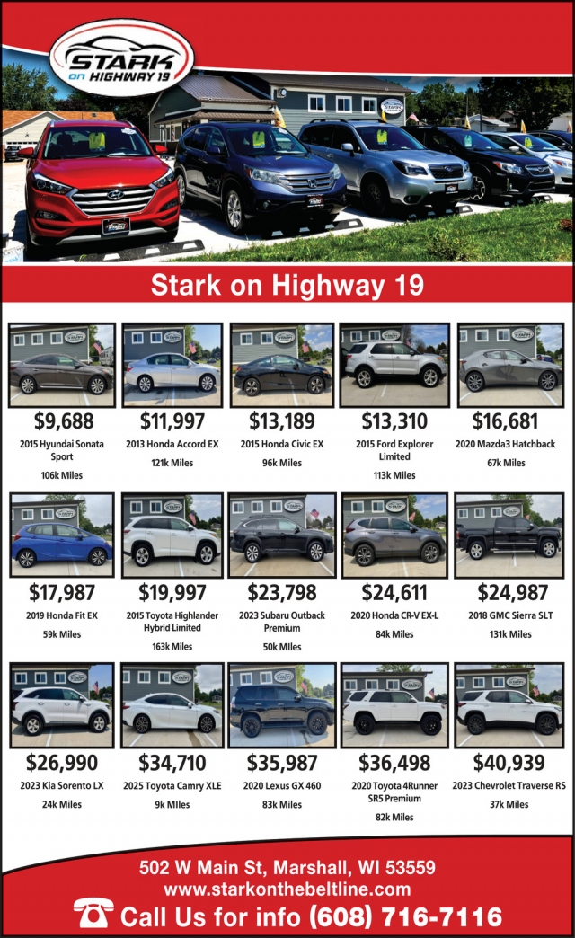 Cars for Sale, Stark on Highway 19, Marshall, WI