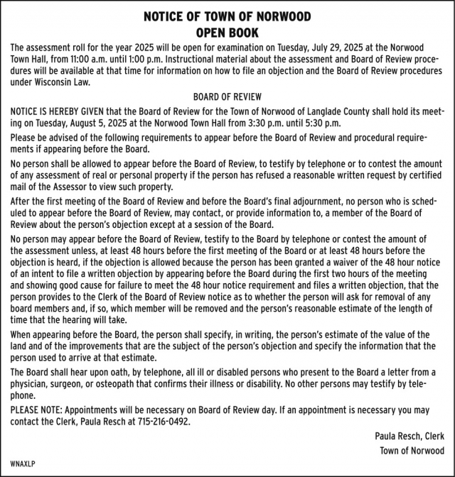 Notice, Town of Norwood, Antigo, WI