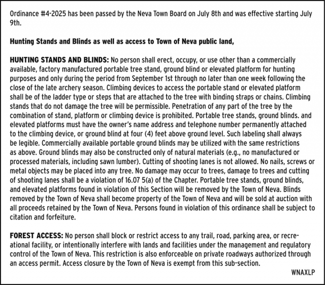 Ordinance #4-2025, Town of Neva, Deerbrook, WI