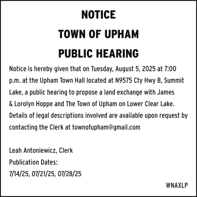 Public Hearing, Town of Upham, Summit Lake, WI