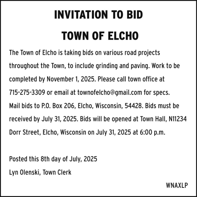 Invitation to Bid, Town Of Elcho, Elcho, WI