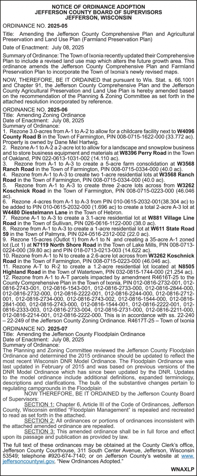Notice of Ordinance Adoption, Jefferson County, Jefferson, WI