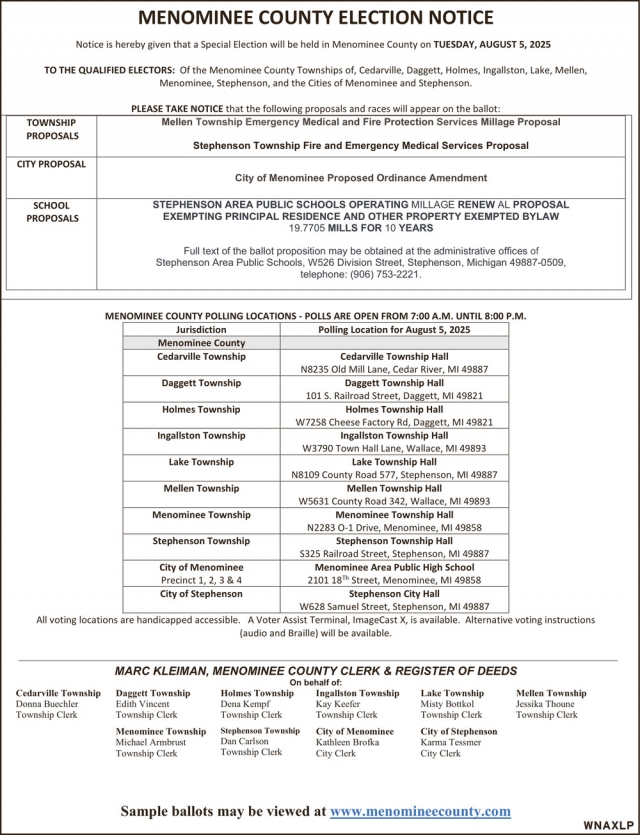 Election Notice, Menominee County, Menominee, MI
