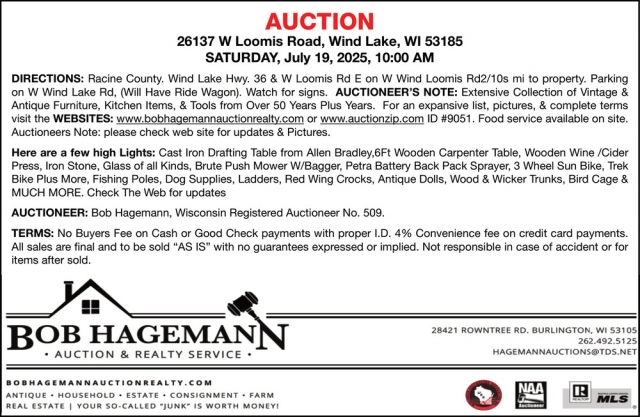 Auction, Bob Hagemann Auction & Realty Service, Burlington, WI