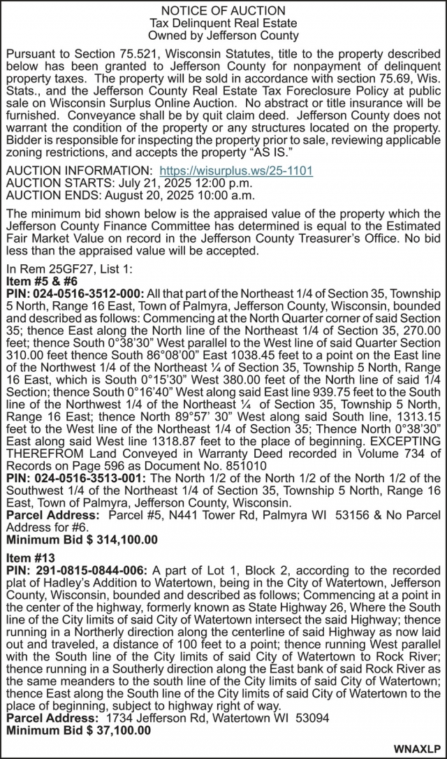 Notice of Auction, Jefferson County, Jefferson, WI