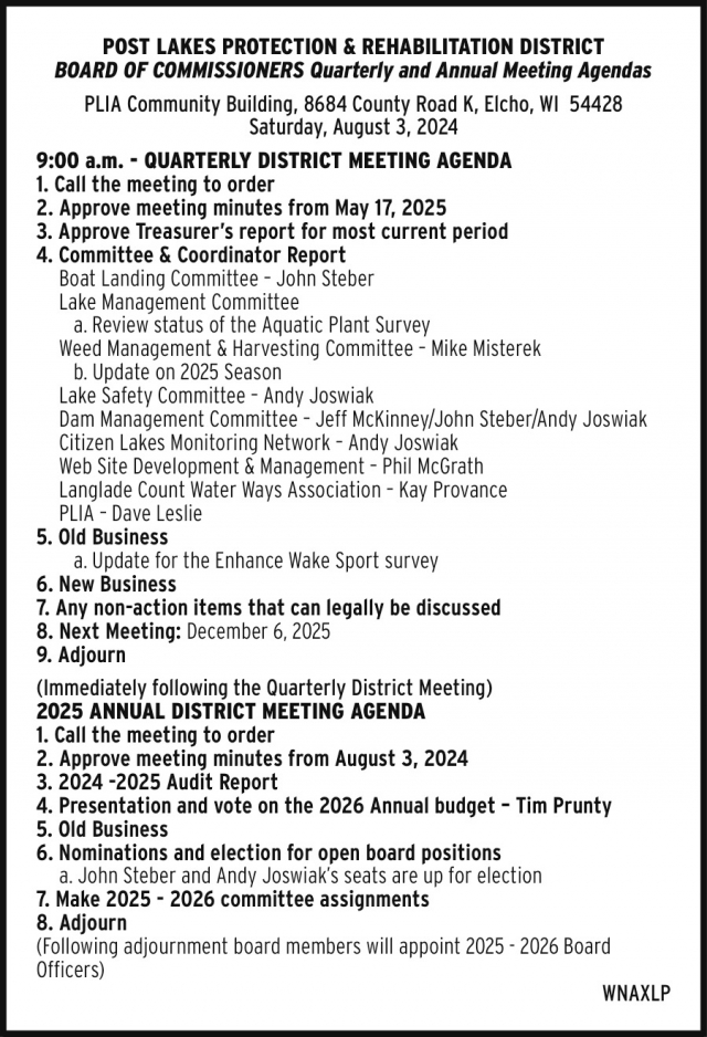 Board of Commissioners Quarterly and Annual Meeting Agendas, Post Lakes Protection & Rehabilitation District