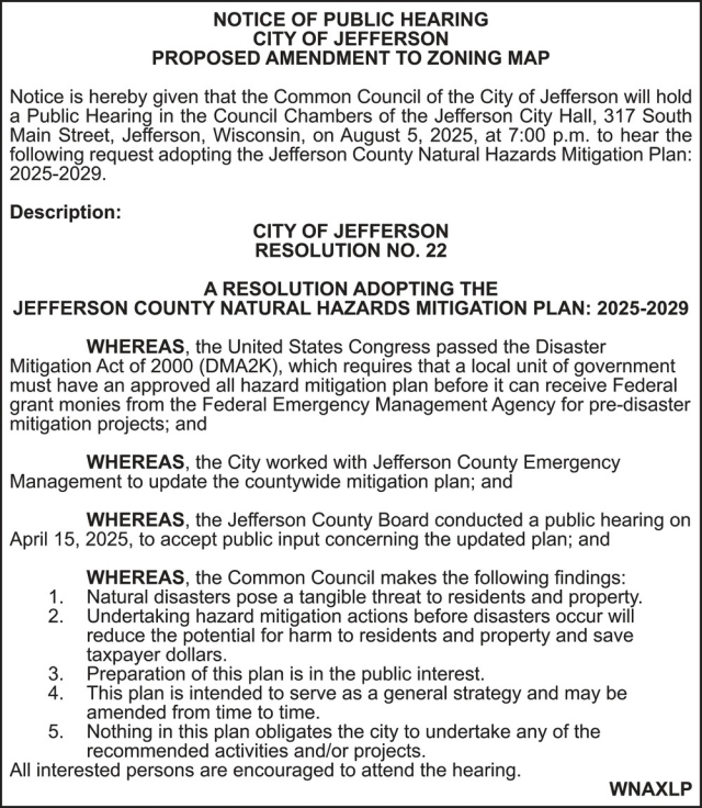 Notice of Public Hearing, City Of Jefferson, Jefferson, WI