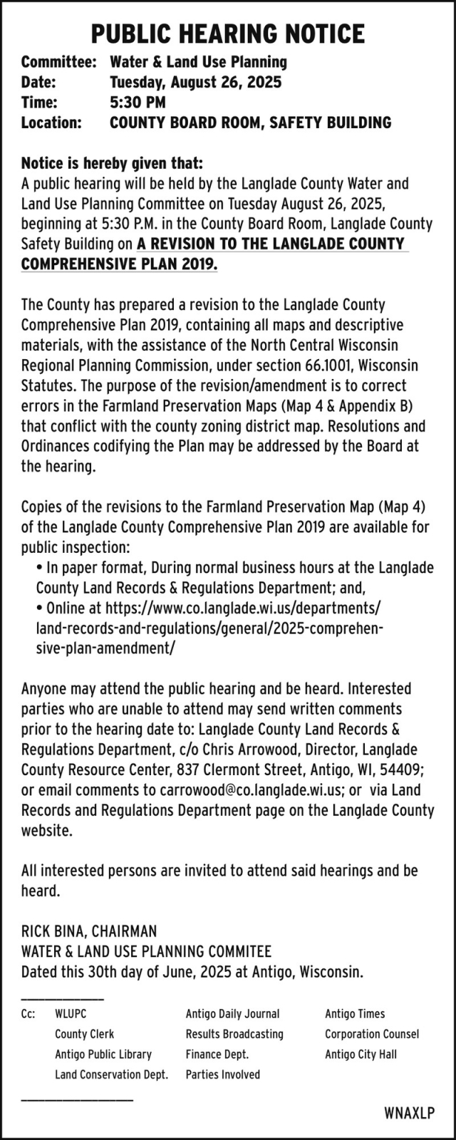 Public Hearing Notice, Langlade County
