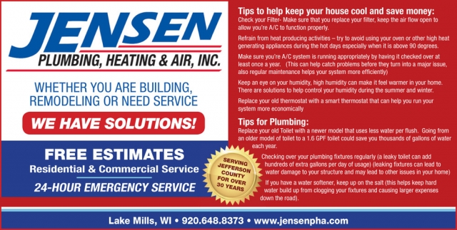 Plumbing, Heating & Air Services, Jensen Plumbing, Heating & Air, Inc, Lake Mills, WI
