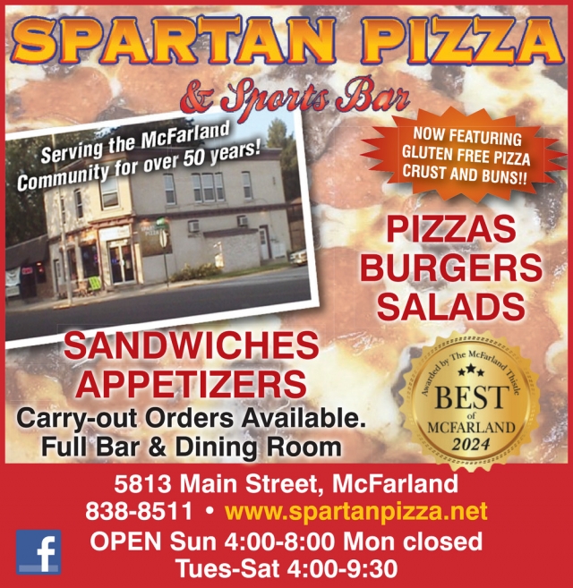 Now Featuring Gluten Free Pizza Crust and Buns!, Spartan Pizza & Sports Bar, Mcfarland, WI